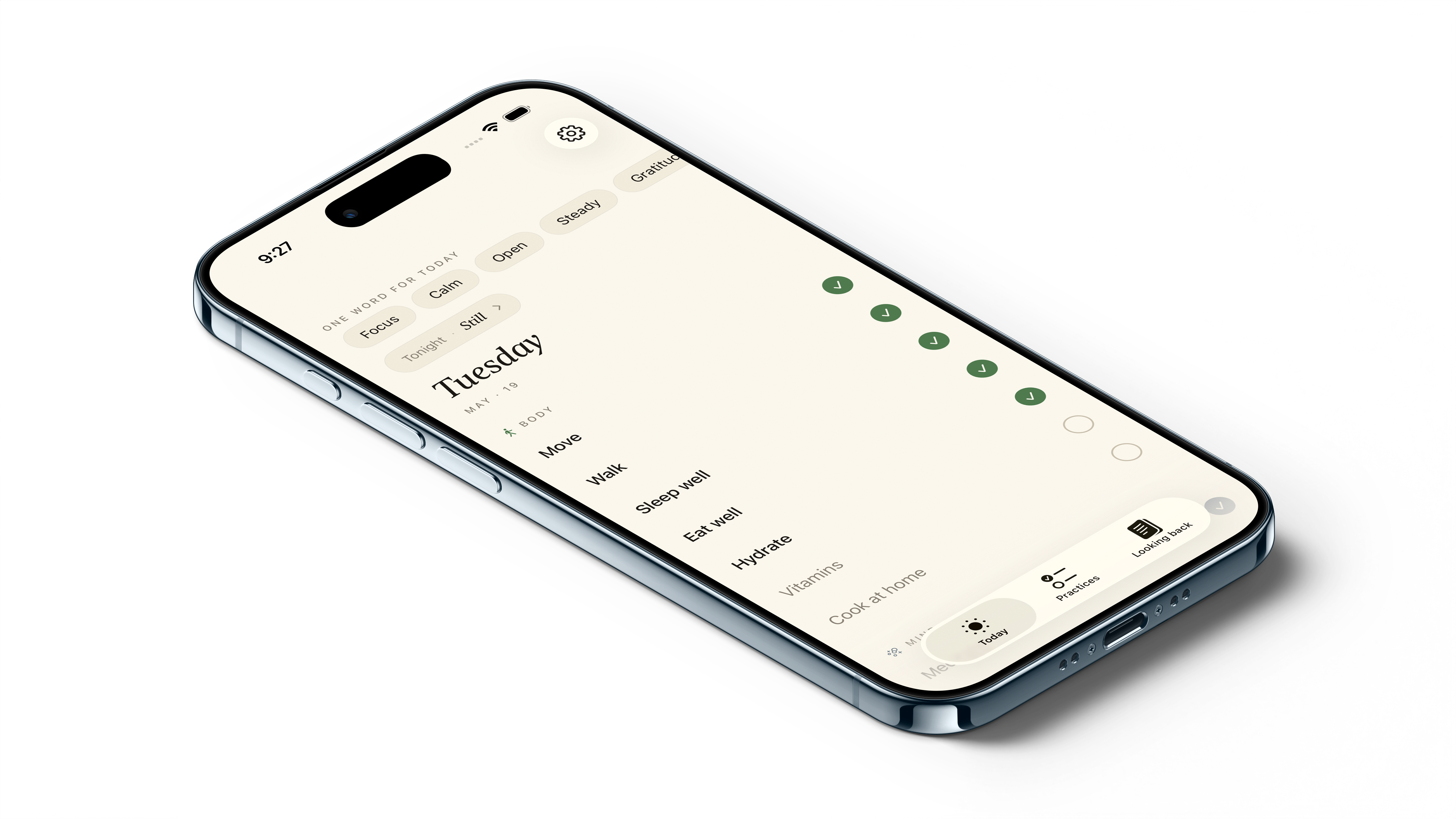 Wabi on iPhone showing the Today screen with morning word picker, date, and practice list